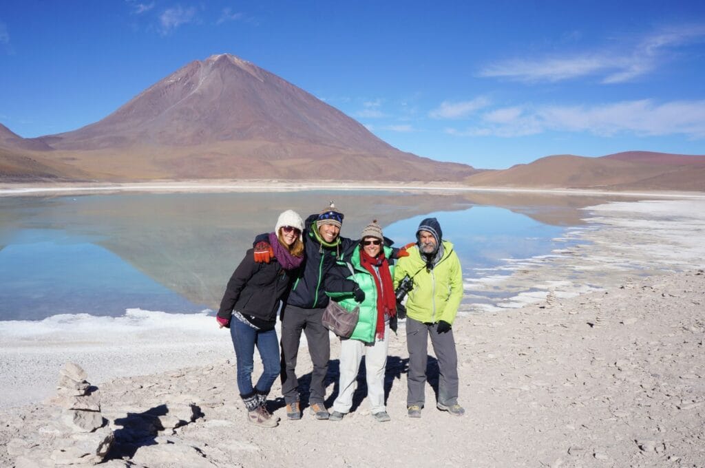 our group in front of the Laguna Verde and the Licancabur volcano in Sud Lipez