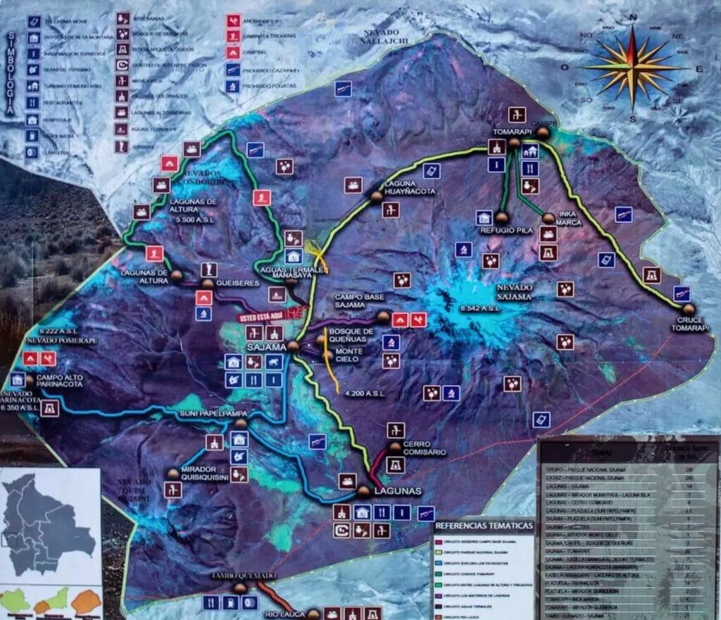 la carte du parc national sajama en Bolivie