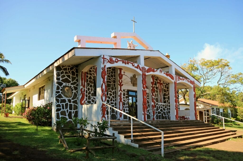 the distinctive church in the town of Hanga Roa