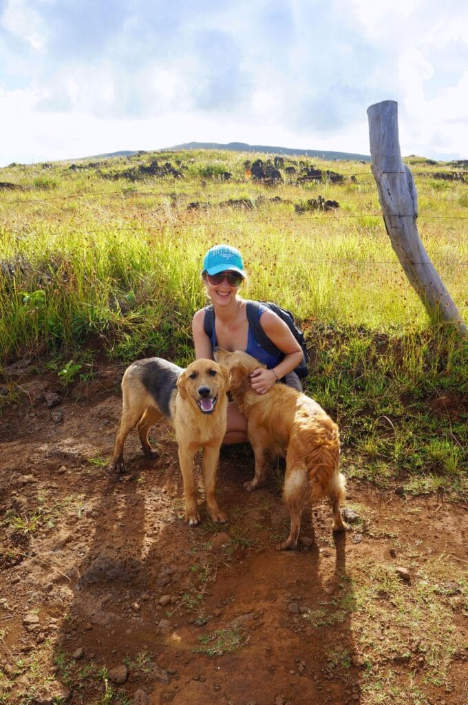 Fabienne et des chiens errants sur l'île de Pâques