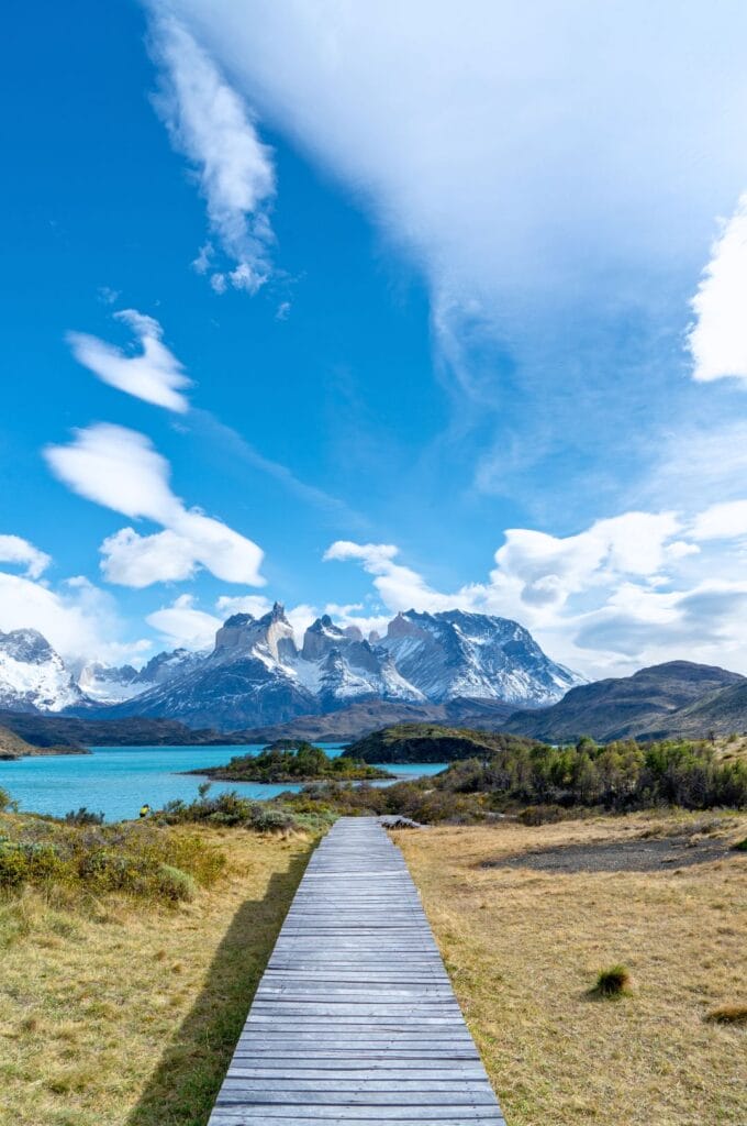 view of the Paine Massif from the steps of the Explora hotel