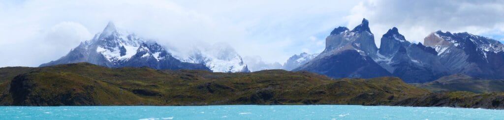 view of Lake Pehoé and the Paine Massif from the catamaran