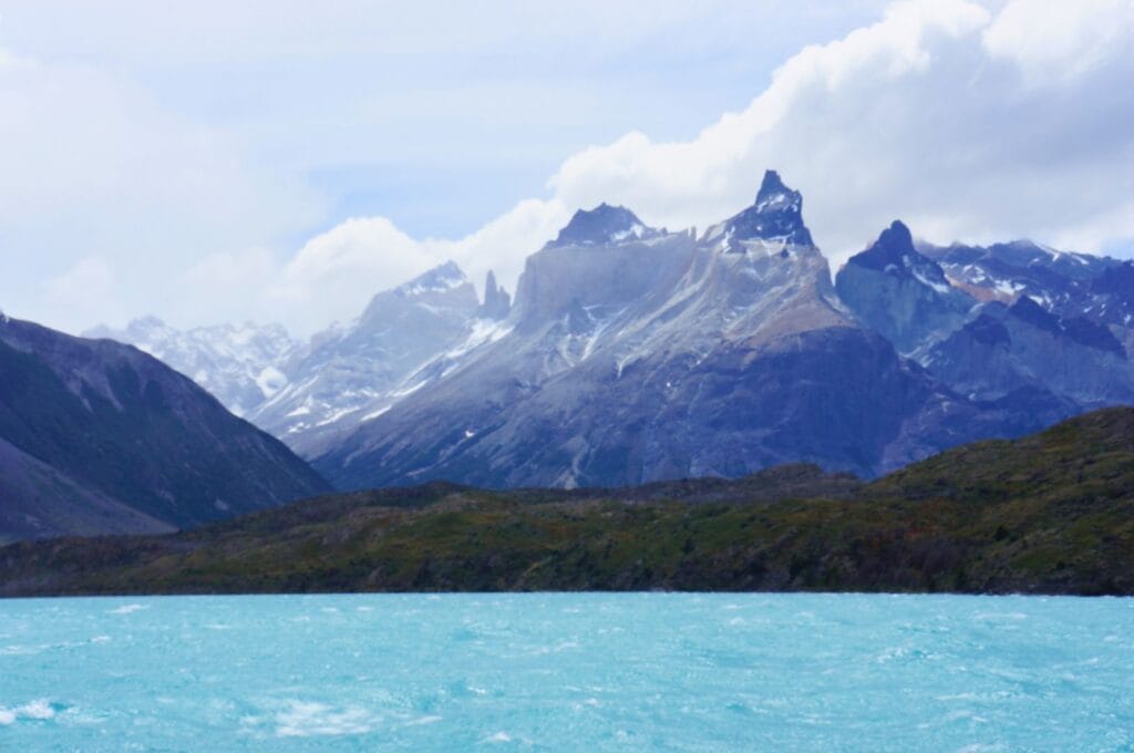 view of los Cuernos from the catamaran on Lake Pehoé