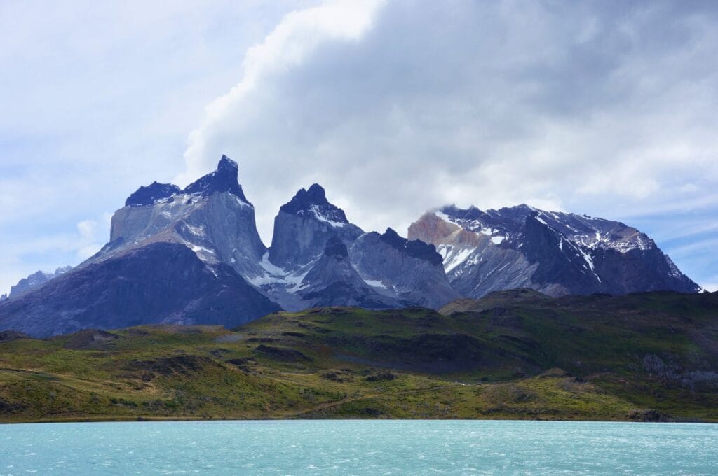 view of the Paine massif from the catamaran on Lake Pehoé