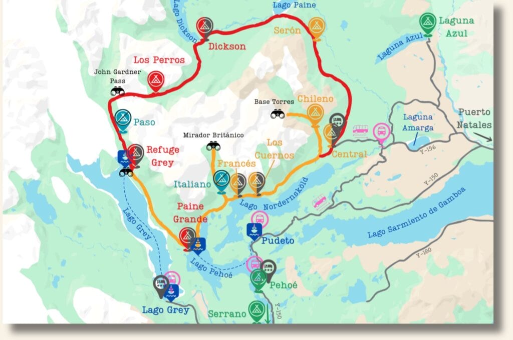 map of campsites in torres del paine national park