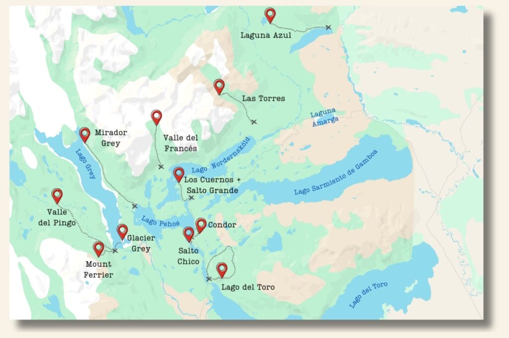 map of day hikes in torres del paine national park