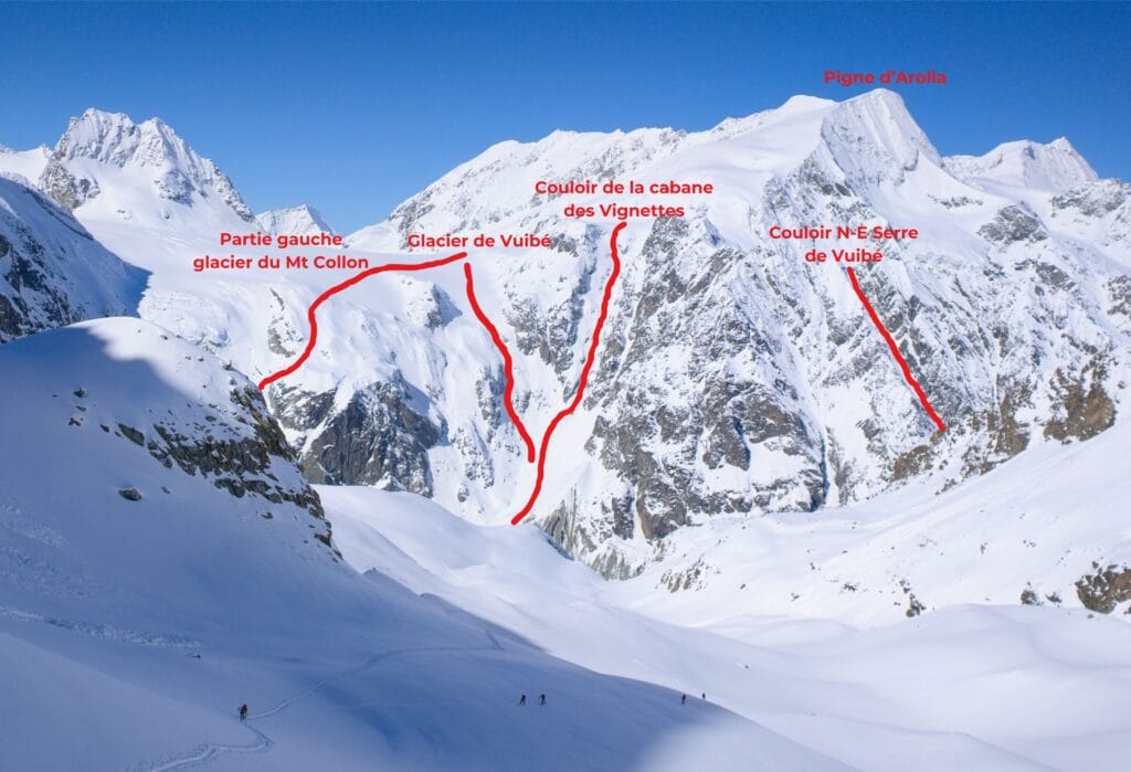 les différentes descentes à ski depuis le Pigne d'Arolla