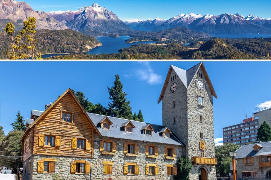 view of Lake Nahuel Huapi and the stone façade of Bariloche's civic center