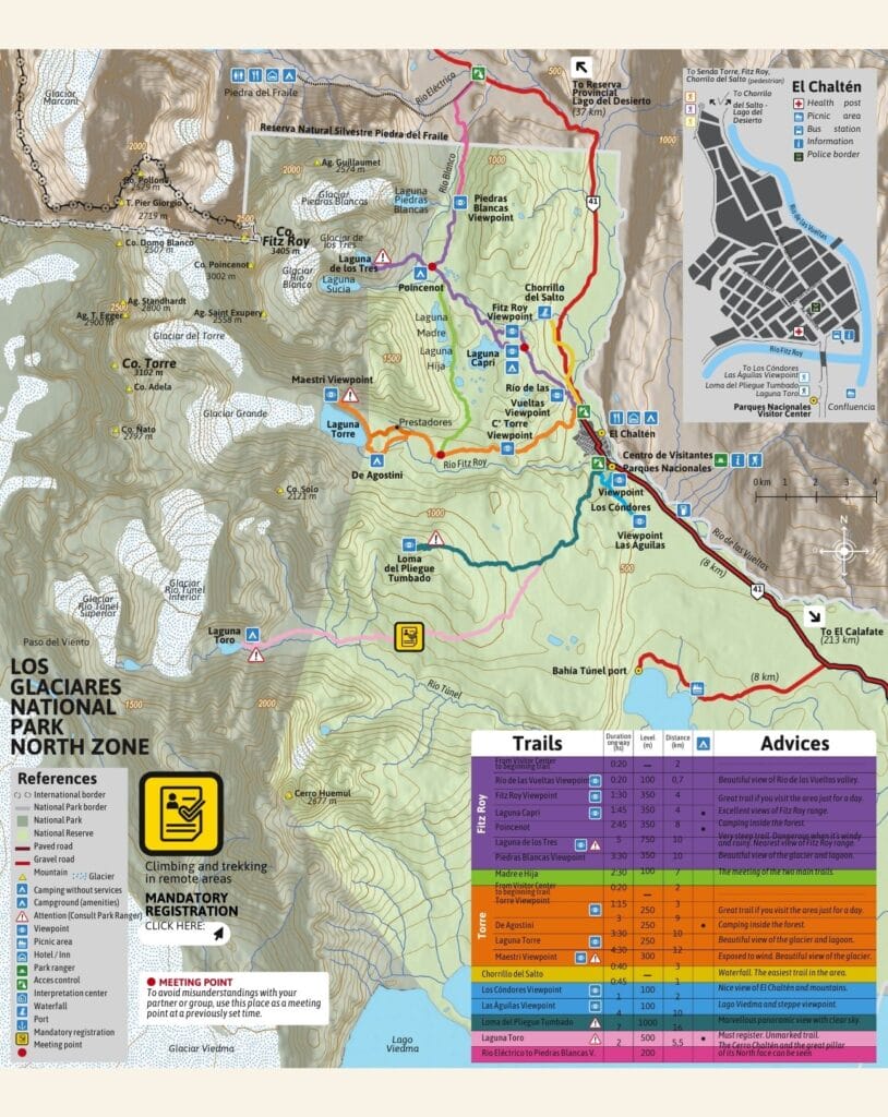 carte des randonnées à El Chalten