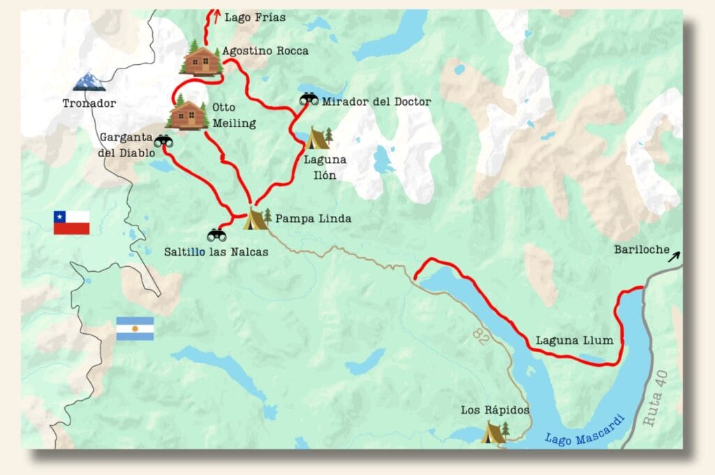 carte des sentiers de randonnée et treks dans le parc national Nahuel Huapi