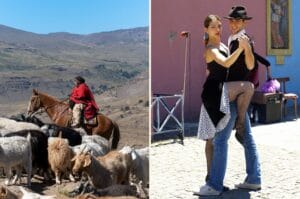 femme gaucho sur son cheval avec son troupeau et couple dansant le tango