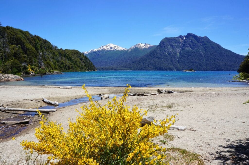 plage au bord des eaux turquoise du lac Nahuel Huapi avec des sommets enneigé au fond